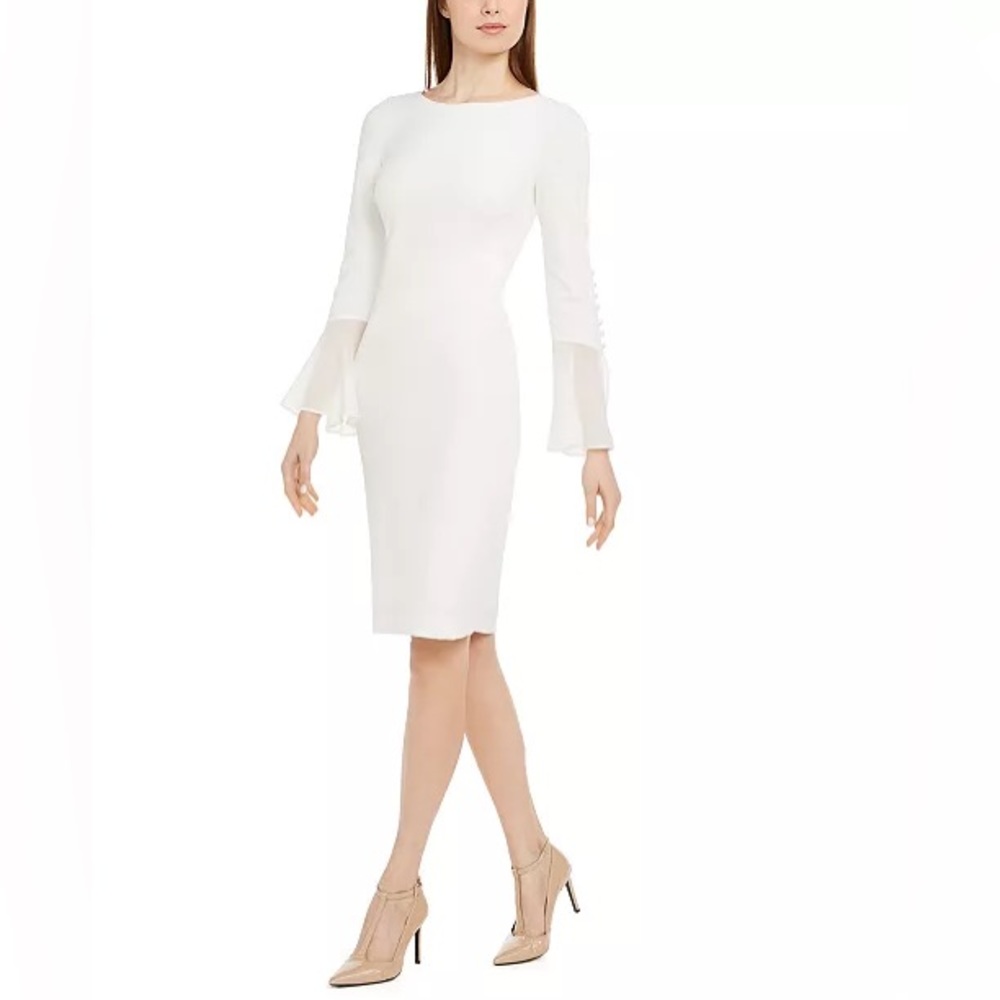 CALVIN KLEIN
Chiffon-Bell-Sleeve Sheath Dress
